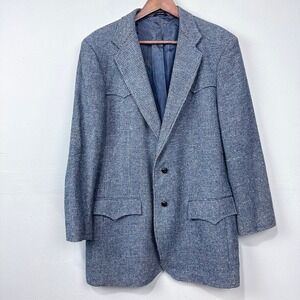 Vintage 70s 80s Lasso Western Blazer Size 44L Blue Tweed Elbow Patches Cheyenne